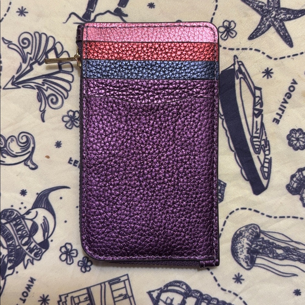 Coach Metallic Purple Pebbled Leather Zip Card Case with Gold Logo - Picture 2 of 4
